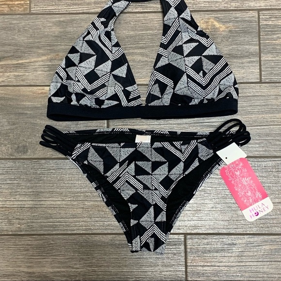 Hula Honey Juniors Bikini Halter Top & Bottom Medium Maze Muse Black & White - Picture 6 of 8